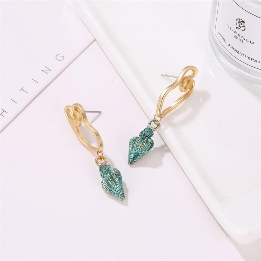 Gold & Green Seashell Conch Earrings